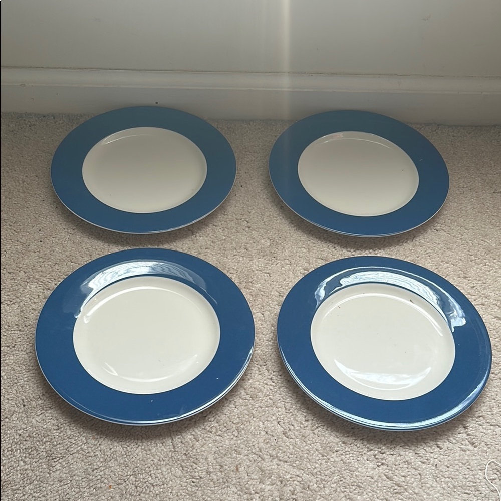 Set of 4 NWOT Crate & Barrel Blue Rim Salad Plates – 8.5” Modern Stoneware